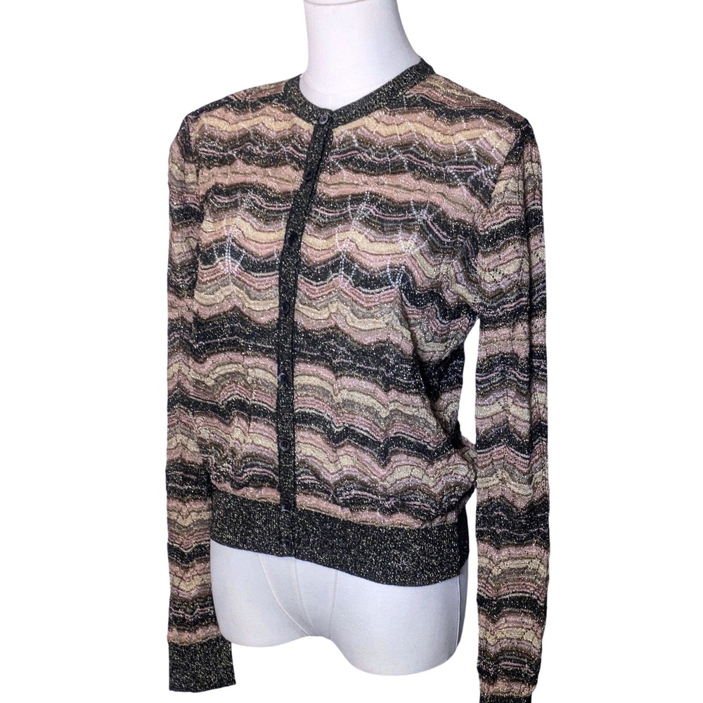 Vintage M Missoni Metallic Zigzag Knit Cardigan Sweater Gold Pink Bronze Lurex